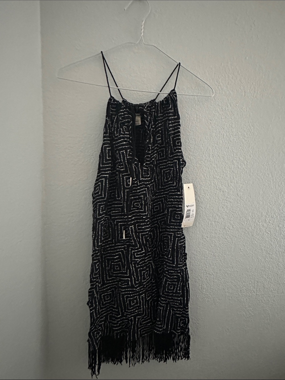 Roxy Black and White Geometric Fringe Mini Dress
